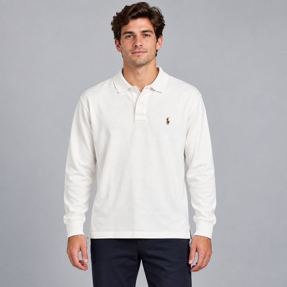 Ralph Lauren Mens Long Sleeve Polo Shirt White Cotton Pony Logo Size M